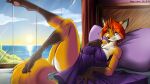 angrycontra anthro bed bedding bedroom blanket breasts butt canid canine covering covering_self digital_media_(artwork) female fox fox_ears fox_tail fur furniture hair hi_res looking_at_viewer lying mammal morning nude on_bed pillow red_fox red_hair sea sky smile solo sunrise tail true_fox water white_body white_fur window 
