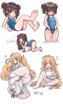  2girls ahoge all_fours ass barefoot blonde_hair blue_one-piece_swimsuit blush blush_stickers character_name clothes_pull comodomodo double_bun feet finger_to_mouth green_eyes hair_bobbles hair_bun hair_ornament highres legs legs_up long_hair lulla_(comodomodo) lying messy_hair miu_(comodomodo) multiple_girls multiple_views no_pants no_shoes old_school_swimsuit on_back one-piece_swimsuit open_mouth original panties panties_under_pantyhose pantyhose pantyhose_pull pulled_by_self red_eyes school_swimsuit shirt soles swimsuit thighs toes two_side_up underwear wading white_panties white_pantyhose white_shirt 