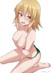  1girl absurdres bikini bikini_bottom_only blonde_hair blush breasts cagalli_yula_athha cleavage gundam gundam_seed gundam_seed_destiny gundam_seed_freedom highres holding_own_arm kneeling large_breasts looking_at_viewer nipples open_mouth panties short_hair solo swimsuit topless underwear underwear_only whitek yellow_eyes 