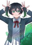  1girl absurdres black_hair black_jacket blush bush closed_mouth collared_shirt commentary_request gradient_hair green_eyes green_hair grey_vest hands_up highres jacket long_sleeves looking_at_viewer love_live! love_live!_nijigasaki_high_school_idol_club medium_hair multicolored_hair neck_ribbon nijigasaki_academy_school_uniform open_clothes open_jacket original over_flow99 plaid plaid_skirt playing_with_own_hair pleated_skirt red_ribbon ribbon school_uniform shirt skirt solo standing takasaki_yu thai_commentary twintails upper_body vest white_shirt white_skirt winter_uniform 