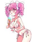  1girl bikini blush breasts collarbone commentary_request cross cross_necklace drill_hair floral_print food groin hair_ornament hair_ribbon halterneck ice_cream ice_cream_cone jashin-chan_dropkick jewelry large_breasts looking_at_viewer necklace open_mouth pink_eyes pink_hair pino_(jashin-chan_dropkick) ribbon short_hair side-tie_bikini_bottom simple_background solo standing string_bikini swimsuit twin_drills white_background yukiwo 