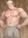  1boy bara barra.kun.7 blindfold blonde_hair blush covered_eyes dungeon_meshi laios_touden large_pectorals male_focus muscular muscular_male pectorals short_hair simple_background solo towel towel_around_waist white_blindfold 