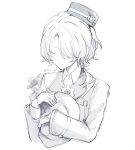  41_tr asymmetrical_sleeves bow closed_eyes gloves greyscale hair_bow hair_over_one_eye hat highres holding holding_clothes holding_hat honkai:_star_rail honkai_(series) light_smile long_sleeves medium_hair misha_(honkai:_star_rail) monochrome ponytail smile vest 