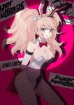 1girl animal_ears arms_behind_back bare_shoulders bear_hair_ornament blonde_hair bow bowtie breasts character_name cleavage clothing_cutout copyright_name danganronpa:_trigger_happy_havoc danganronpa_(series) detached_collar drooling enoshima_junko fake_animal_ears fishnet_pantyhose fishnets hair_ornament highres hy_(fjvlg) navel navel_cutout pantyhose pink_background playboy_bunny rabbit_ears red_bow red_bowtie smile solo teeth twintails 