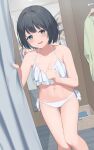  1girl absurdres bikini black_hair blue_eyes commentary_request dutch_angle fitting_room frilled_bikini frills highres hotarihotaru mirror navel original short_hair side-tie_bikini_bottom solo swimsuit thigh_gap unworn_clothes white_bikini 