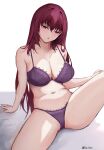  1girl :o absurdres blush bra breasts collarbone fate/grand_order fate_(series) fiftya highres large_breasts long_hair looking_at_viewer navel open_mouth panties purple_bra purple_hair purple_panties red_eyes scathach_(fate) sitting solo stomach thighs underwear underwear_only very_long_hair 