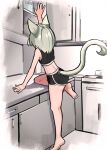  1girl animal_ears barefoot black_shorts cabinet cat_ears cat_girl cat_tail counter dolphin_shorts feet fosqie green_hair highres indoors kitchen medium_hair original reaching shorts solo tail tail_through_clothes tiptoes 