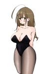  1girl ahoge alternate_costume arms_behind_back bare_shoulders black_leotard blush breasts brown_hair brown_pantyhose cleavage collarbone highres huge_ahoge huge_breasts idolmaster idolmaster_shiny_colors kuwayama_chiyuki leotard long_hair looking_at_viewer nisankatanso_hakushaku pantyhose simple_background solo strapless strapless_leotard very_long_hair white_background 