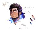  1boy bara beard black_hair blue_fire cropped_head dark-skinned_male dark_skin doodle_inset facial_hair fire forked_eyebrows full_beard highres legless_lemonade looking_at_viewer male_focus mature_male sandayu_(housamo) sanpaku scar scar_on_cheek scar_on_face smile solo thick_eyebrows tokyo_afterschool_summoners unfinished 