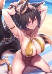  1girl absurdres animal_ears arm_strap armpits arms_up beach bikini black_hair blush breasts cleavage closed_mouth collarbone day highres kneeling large_breasts long_hair looking_at_viewer ocean original outdoors ponytail red_eyes saboten_teishoku sideboob skindentation smile soles solo swimsuit tail thighs toes water yellow_bikini 
