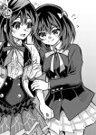  2girls absurdres arm_hug blush breasts center_frills closed_mouth collared_shirt commentary_request fang fang_out flower flying_sweatdrops frilled_skirt frills greyscale hair_between_eyes hair_flower hair_ornament hair_ribbon highres idol_clothes jacket long_hair looking_at_another love_live! love_live!_nijigasaki_high_school_idol_club medium_breasts mifune_shioriko monochrome multiple_girls neck_ribbon open_clothes open_jacket open_mouth plaid plaid_skirt ribbon shirt short_hair sidelocks sishamon skirt standing underbust upper_body vest white_background yuki_setsuna_(love_live!) 