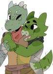 age_difference anthro blush brother_(lore) brother_and_sister_(lore) charrak_(golddrake) clothing duo female green_body green_scales hand_wraps head_spikes hi_res kana_(golddrake) kobold male scales scarf sibling_(lore) sister_(lore) size_difference spikes spikes_(anatomy) tail tail_motion tailwag unknown_artist wraps younger_female