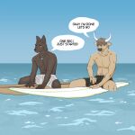  absurd_res anthro athletic athletic_male bodily_fluids bottomwear bovid bovine brown_body brown_fur canid canine canis casual_urination cattle clothed clothing dialogue domestic_dog duo echto fur genital_fluids hi_res highland_cattle horn male mammal peeing sea sky speech_bubble surfboard tan_body tan_fur text topless urine water watersports wetting 