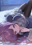  1girl black_pantyhose blue_dress breasts commission dress finger_to_mouth foreshortening highres large_breasts long_hair looking_at_viewer looking_up lying medium_breasts night night_sky on_bed original pantyhose pixiv_commission purple_hair sky solo yampa 