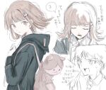  1girl animal_bag backpack bag black_jacket brown_hair cat_bag danganronpa_(series) danganronpa_2:_goodbye_despair drooling facing_viewer hair_ornament hinata_hajime hood hood_down hooded_jacket jacket long_sleeves lower_teeth_only medium_hair multiple_views nanami_chiaki pink_eyes sawaki_(2d1ty) speech_bubble teeth translation_request 