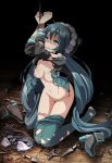  1girl aqua_eyes aqua_hair arms_up bangs bdsm blush bondage bound bound_wrists breasts bruise clenched_hands crying crying_with_eyes_open eyebrows female full_body gag gagged half-closed_eyes hatsune_miku injury kneeling kunai kunoichi_demo_koi_ga_shitai_(vocaloid) legs_together long_hair medium_breasts navel nipples no_bra on_floor panties pantyhose pantyhose_pull pink_panties project_diva_(series) rope shoes_removed shorts shorts_removed shuriken skirt solo tears toes torn_clothes torn_legwear torn_pantyhose torn_skirt tsukishiro_saika underwear very_long_hair vocaloid weapon wooden_floor 