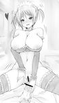  1girl areolae blush breasts bursting_breasts censored cleavage girl_on_top goban greyscale guided_penetration handjob happy_sex heart hetero huge_breasts large_areolae monochrome nipple_slip nipples no_panties original penis puffy_nipples pussy short_hair short_twintails sketch spread_legs spread_pussy thighhighs twintails 