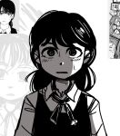  1girl @_@ chainsaw_man commentary fourth_east_high_school_uniform greyscale mitaka_asa monochrome peargor reference_inset school_uniform shade sketch solo sweatdrop upper_body 