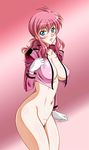  areola_slip areolae blue_eyes blush bottomless breasts celestial_being_uniform cleavage feldt_grace gloves gundam gundam_00 large_breasts long_hair no_bra open_clothes open_shirt pink_hair ponytail pussy rainkeru shirt solo uncensored 