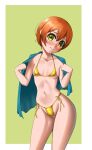  1girl absurdres bikini border breasts brown_hair collarbone contrapposto gold_bikini green_background highres hoshizora_rin love_live! love_live!_school_idol_project pumpinchan short_hair side-tie_bikini_bottom small_breasts solo swimsuit towel towel_around_neck two-tone_background white_border yellow_eyes 