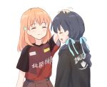  2girls baseball_jersey black_coat blue_hair blue_ribbon brown_skirt closed_mouth clothes_writing coat crossed_bangs dark_blue_hair hair_ornament hair_ribbon hasu_no_sora_school_uniform headpat highres hinoshita_kaho jersey link!_like!_love_live! long_hair long_sleeves love_live! low_twintails medium_hair multiple_girls murano_sayaka nirei_nozomi nonaka_kokona open_mouth orange_hair pleated_skirt rabbit_hair_ornament red_shirt ribbon school_uniform shirt short_sleeves sideways_mouth simple_background skirt smile split_mouth twintails upper_body voice_actor_connection white_background yutuki_ame zweigen_kanazawa 