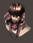  1boy body_horror brown_background brown_hair commentary_request green_eyes highres looking_at_viewer male_focus mandibles metamon1996 monster_boy open_mouth original portrait saliva sharp_teeth short_hair simple_background solo teeth tentacles tongue tongue_out 