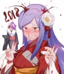  2018 2girls :3 animal_ears black_kimono blood blush commentary_request cookie_(touhou) double_v fake_hisui_(cookie) fingernails flower grin hair_flower hair_ornament hisui_(cookie) holding_ears japanese_clothes kebabu_01 kimono long_hair medium_bangs multiple_girls nose_blush nosebleed obi orange_sash purple_hair rabbit_ears rabbit_girl red_eyes red_kimono red_sash reisen_udongein_inaba sash severed_ear sharp_fingernails shouten_pegasus_mix_mori simple_background smile solo_focus swept_bangs touhou upper_body v white_background white_flower wide_sleeves yellow_nails 