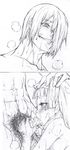  1girl bangs blunt_bangs chaotic-unknown cum facial fellatio graphite_(medium) greyscale hetero kannagi monochrome nagi oral penis traditional_media 