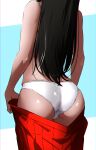  1girl absurdres arms_at_sides ass ass_focus back black_hair bra clothes_pull facing_away from_behind fukou head_out_of_frame highres long_hair panties pleated_skirt pulled_by_self red_skirt skirt skirt_pull solo straight_hair tohno_akiha tsukihime underwear undressing white_bra white_panties 