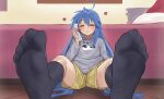  1girl :3 absurdres ahoge bedroom black_socks blue_hair blush closed_eyes commission feet foot_focus foreshortening full_body greek_toe grey_hoodie hair_between_eyes hand_up highres holding holding_phone hood hood_down hoodie indoors izumi_konata long_hair long_sleeves lucky_star mole mole_under_eye nikishiko no_shoes on_ground phone pixiv_commission shadow shorts sidelocks signature sitting socks soles solo toes very_long_hair wooden_floor yellow_shorts 