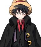  1boy absurdres black_coat black_hair black_necktie closed_mouth coat coat_on_shoulders collared_coat commentary hat highres kasuga_kaya male_focus monkey_d._luffy necktie one_piece one_piece:_strong_world red_shirt scar scar_on_face shirt short_hair simple_background solo straw_hat suit white_background 