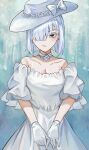  1girl absurdres bow breasts cleavage dress fiona_frost gloves grey_eyes hair_over_one_eye hat highres looking_at_viewer medium_breasts porkadas22 solo spy_x_family white_bow white_dress white_gloves white_hair white_hat 