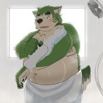  2024 absurd_res anthro bathing belly big_belly black_nose blush canid canine canis domestic_dog green_body hi_res kemono lifewonders live_a_hero male mammal mokdai moobs navel overweight overweight_male solo toto3_official towel 