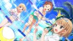  22/7 22/7_ongaku_no_jikan 3girls ^^^ ball barefoot beach_volleyball bikini blonde_hair blue_bikini blue_sky bow brown_eyes brown_hair collarbone dutch_angle fujima_sakura full_body game_cg green_eyes green_shorts hair_bow hair_ornament hair_ribbon high_ponytail highres jumping kono_miyako lens_flare long_hair looking_ahead motion_blur multiple_girls navel official_art one_eye_closed open_mouth outdoors palm_tree purple_eyes ribbon saito_nicole shirt short_hair shorts sky smile sparkle speed_lines standing surprised sweatdrop swimsuit teeth tied_shirt tree upper_teeth_only volleyball_(object) volleyball_net wavy_mouth white_shirt x-ray 