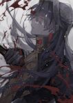  1boy black_gloves black_hair black_shirt blade_(honkai:_star_rail) blood blood_on_face collar earrings furutarutaru gloves hair_between_eyes highres holding holding_weapon honkai:_star_rail honkai_(series) impaled jewelry long_hair long_sleeves looking_down shirt simple_background stab tassel tassel_earrings upper_body weapon 