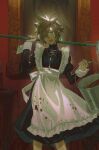  1boy apron aqua_eyes black_dress blonde_hair blood blood_on_clothes bucket cloud_strife cowboy_shot cross cross_necklace crossdressing dress earrings final_fantasy final_fantasy_vii final_fantasy_vii_rebirth final_fantasy_vii_remake frilled_apron frills grey_hair hair_over_one_eye highres holding holding_bucket holding_mop indoors jewelry juliet_sleeves keiseki1 long_sleeves maid_apron maid_day male_focus mop necklace open_mouth over_shoulder portrait_(object) profile puffy_sleeves sephiroth short_hair single_earring slit_pupils snake solo spiked_hair weapon weapon_over_shoulder white_apron 