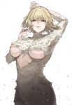  1girl absurdres blonde_hair breasts dungeon_meshi falin_touden falin_touden_(chimera) feathers highres inverted_nipples looking_at_viewer medium_breasts monster_girl open_mouth short_hair simple_background smile solo sweat uuuron_cha white_background yellow_eyes 