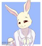  anthro beastars blue_background blush border breasts brown_eyes cleavage clothed clothing cotton_tail domestic_rabbit dress drum_skunk dwarf_rabbit female fur haru_(beastars) lagomorph leaning leaning_forward leporid looking_at_viewer mammal oryctolagus rabbit simple_background smile solo white_body white_border white_clothing white_dress white_fur 