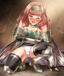  absurdres arm_armor bare_shoulders black_gloves black_thighhighs breasts cape celica_(fire_emblem) celica_(fire_emblem)_(valentia&#039;s_hope) fingerless_gloves fire_emblem fire_emblem_echoes:_shadows_of_valentia fire_emblem_heroes gloves highres leg_armor looking_at_viewer medium_hair one_eye_closed open_mouth panties pantyshot pencil_skirt red_eyes red_hair skirt thighhighs underwear zanntetu 