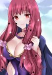  1girl alternate_hairstyle black_cape bodysuit breasts cape choker cleavage closed_mouth clothing_cutout facial_mark fire_emblem fire_emblem_engage hair_ornament highres kirishima_riona large_breasts long_hair looking_at_viewer red_eyes red_hair side_cutout simple_background smile solo star_(symbol) star_facial_mark star_hair_ornament twintails upper_body yunaka_(fire_emblem) 