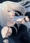  1girl a2_(nier:automata) aegyo_sal android artist_name blue_background blue_eyes commentary eyelashes hair_between_eyes highres long_hair mitsuki_nite mole mole_under_mouth nier:automata nier_(series) parted_lips pink_lips solo twitter_username upper_body watermark white_hair 