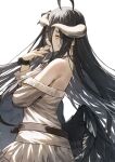  1girl ahoge albedo_(overlord) alternate_costume bare_shoulders belt black_belt black_hair breasts commentary_request demon_girl demon_horns dress fagi_(kakikaki) feathered_wings fingers_to_mouth from_side hair_between_eyes hair_over_shoulder hand_in_own_hair horns large_breasts long_hair long_sleeves low_wings nape off-shoulder_dress off_shoulder overlord_(maruyama) parted_lips pink_lips pleated_skirt simple_background skirt solo very_long_hair white_background white_dress wings wrist_bow yellow_eyes 