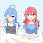  2girls ? ahoge blue_eyes blue_hair blush breasts cleavage closed_mouth collarbone commentary_request confused felutiahime green_eyes highres hololive hoshimachi_suisei medium_breasts messy_hair micomet_(hololive) multiple_girls one_eye_closed open_mouth pink_hair rubbing_eyes sakura_miko small_breasts spoken_question_mark under_covers virtual_youtuber waking_up 