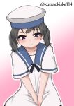  1girl black_hair blue_sailor_collar dress gradient_background hat highres kantai_collection kurano_kisuke one-hour_drawing_challenge pink_background purple_eyes sailor_collar sailor_dress sailor_hat short_sleeves shounan_(kancolle) solo twintails twitter_username v_arms white_dress white_hat 