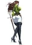  1girl armored_shoes ass belt_pouch black_corset black_footwear black_wrist_cuffs blueorca boots breasts brown_hair corset elf english_commentary floating_hair from_behind full_body green_hair green_shirt hand_on_own_hip high_heels highres holding holding_sword holding_weapon large_breasts long_hair looking_at_viewer looking_back mole mole_under_mouth o-ring_strap original pants parted_lips pointy_ears pouch sheath sheathed shirt simple_background solo sword thigh_boots weapon white_background white_pants wrist_cuffs 