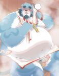 2024 anthro balls bear beard belly big_belly black_nose blue_body blush bodily_fluids bonasiah detailed_background erection eyes_closed facial_hair full_attack genitals ginsingoo1 hi_res kemono male mammal moobs nipples overweight overweight_male penis pubes sauna sitting solo sophring_jie steam sweat towel towel_around_neck white_body