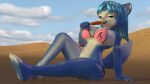 3d_(artwork) anthro beach bikini blue_body blue_fur blue_hair canid canine clothing digital_media_(artwork) female food fox fur hair hi_res krystal_(star_fox) looking_at_viewer mammal nintendo pinup popsicle pose solo star_fox swimwear themeshow101