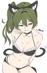  1girl absurdres animal_ears bare_shoulders bell bikini black_choker breasts cat cat_ears cat_girl cat_tail choker cleavage collarbone fangs green_hair highres jingle_bell looking_at_viewer mangpum_(taro109210) medium_breasts medium_hair meowing navel o-ring o-ring_choker purple_eyes side_ponytail simple_background small_breasts solo sousou_no_frieren stomach swimsuit tail ubel_(sousou_no_frieren) upper_body white_background 