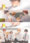  4boys :d absurdres bag_of_chips blonde_hair blurry blurry_background brown_hair chair chalkboard classroom closed_eyes crossed_legs desk eating friends glasses happy highres holding holding_phone indoors juice_box laughing macaronk male_focus manga_(object) multiple_boys necktie original phone playing_games red_hair school_desk school_uniform shirt sitting smile striped_necktie white_shirt 