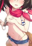  1girl bikini blue_archive blush brown_hair covering covering_breasts denim denim_shorts fang fox_girl fox_tail head_out_of_frame highres izuna_(blue_archive) izuna_(swimsuit)_(blue_archive) morisobo multicolored_bikini multicolored_clothes nipple_slip nipples open_mouth pink_scarf scarf shorts simple_background solo striped striped_bikini swimsuit tail white_background 